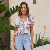 Controlled Chaos Short Sleeve Floral Blouse - Ivory LOVE-003